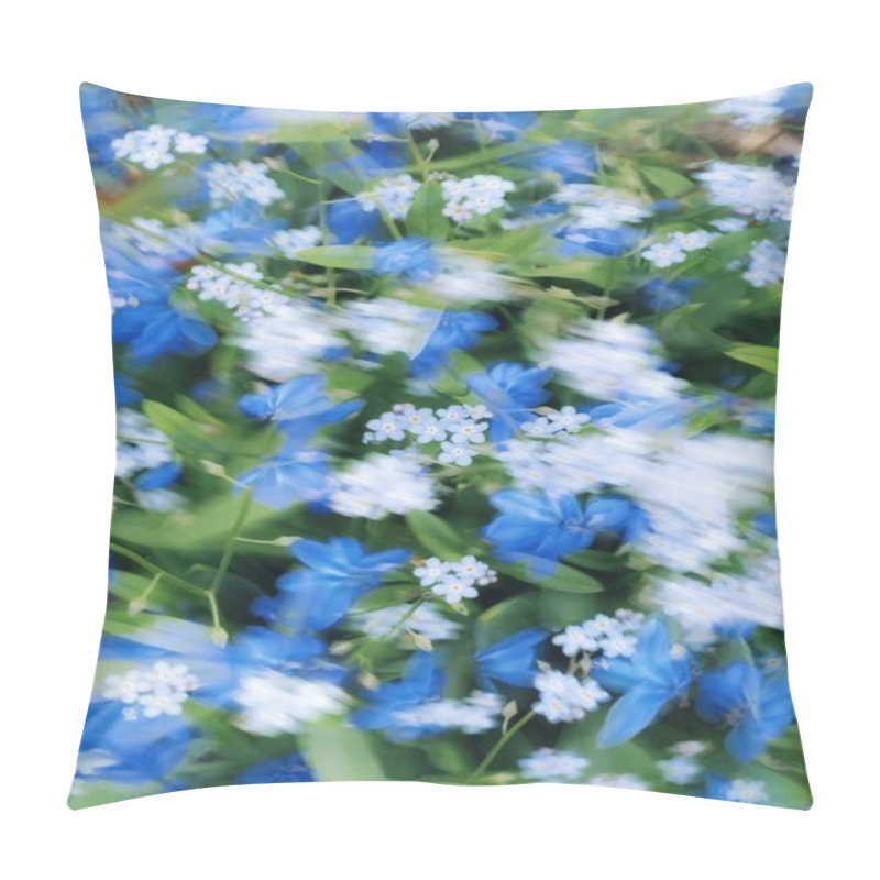 Personality  A Vibrant Blur Of Blue And White Flowers Swaying In The Gentle Breeze. Pillow Covers