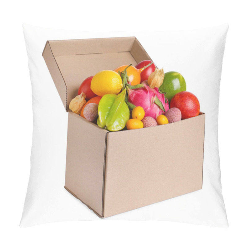 Personality  Cardboard Box With Different Exotic Fruits On White Background Pillow Covers