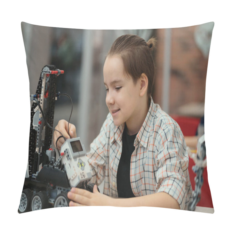 Personality  Smart Schoolboy Sitting At The Table And Constructing A Robotic Device Pillow Covers