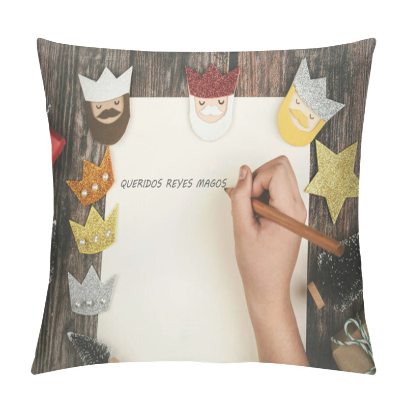 Personality  Child Hands Writing Letter To The Three Kings Of Orient Over Wooden Background.Christmas Concept Background. Pillow Covers