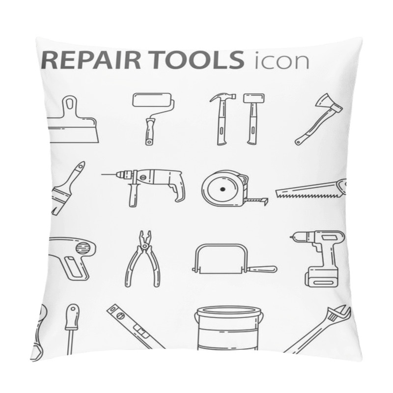 Personality  Set Of Construction Tools Icons. Outline Style. Includes Badges Such As: Drill, Screwdriver, Pliers, Saw, Wrench, Hammer, Putty Knife, Paint Roller, Sledge Hammer, Ax. Pillow Covers