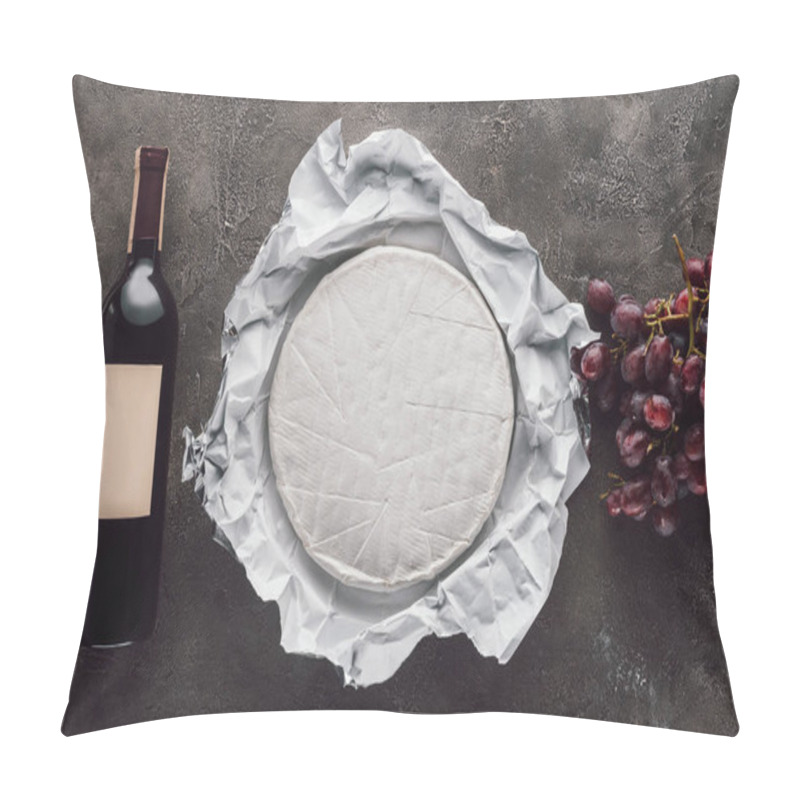 Personality  Top View Of Bottle Of Wine, Brie Cheese And Grape On Dark Surface Pillow Covers