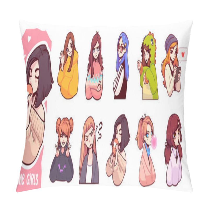 Personality  A Set Of Cute Anime Girls Illustrations In Various Clothes Doing Different Activities With Different Expressions. Vector Stickers Or Badges Pillow Covers