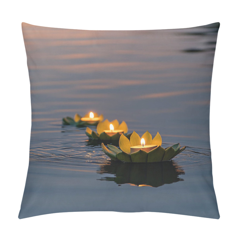 Personality  Floating Krathong On Calm Water At Dusk, With A Few Soft Candlelights Illuminating The Simple Banana-leaf Structure. Ai Generated Pillow Covers