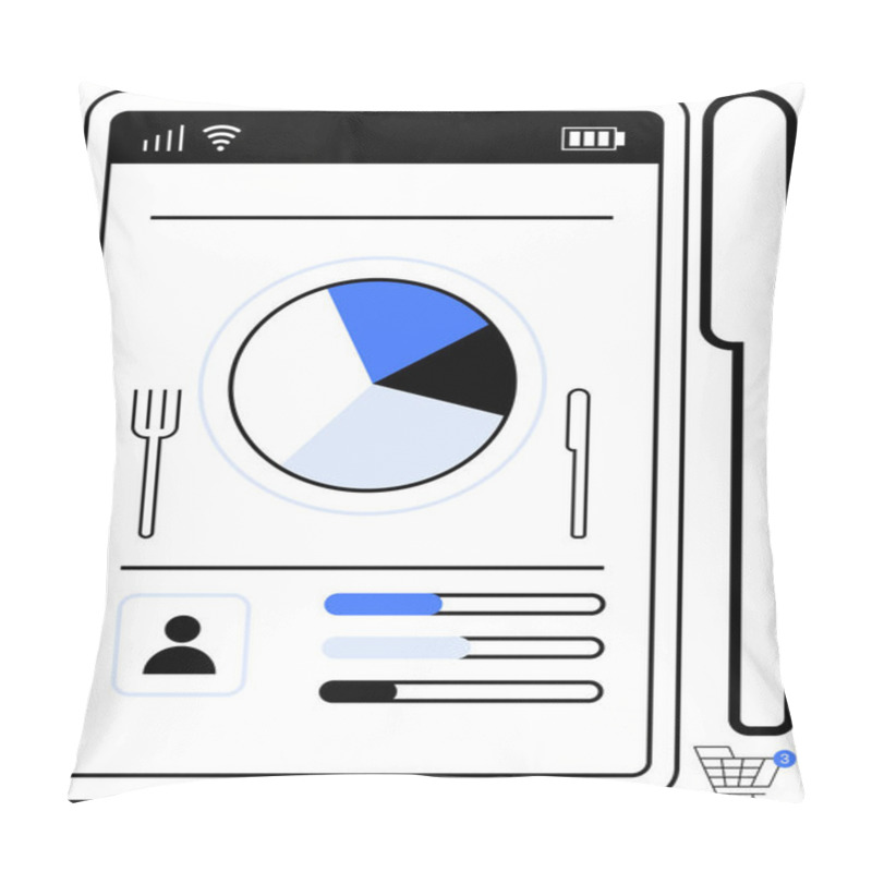 Personality  Tablet Displaying Pie Chart, Cutlery Icons, And User Profile. Progress Bars For Activity Tracking. Ideal For Restaurant Management, Tech Integration, Digital Menus, Customer Tracking, Food Analytics Pillow Covers