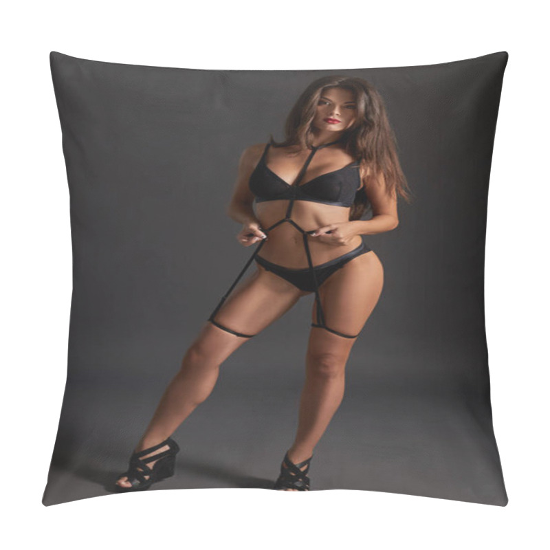 Personality  Beautiful Woman In Underwear And Leather Bandage. Sexy Body Girl Weared Swordbelt Posing Against Dark Grey Background. Pillow Covers