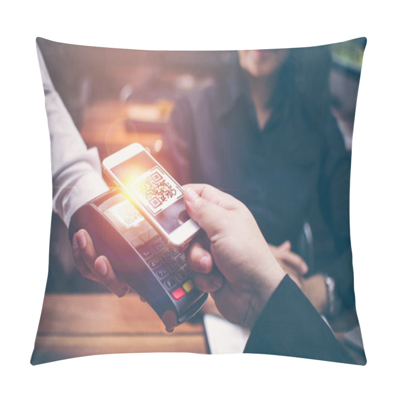 Personality  Young Man Hands Are Smartphone To Scan A QR CODE Filing From A Credit Card Reader To Pay For Food And Beverages In Restaurants Which Have A Romantic Atmosphere By The Asian Girls Are Sitting Together. Pillow Covers