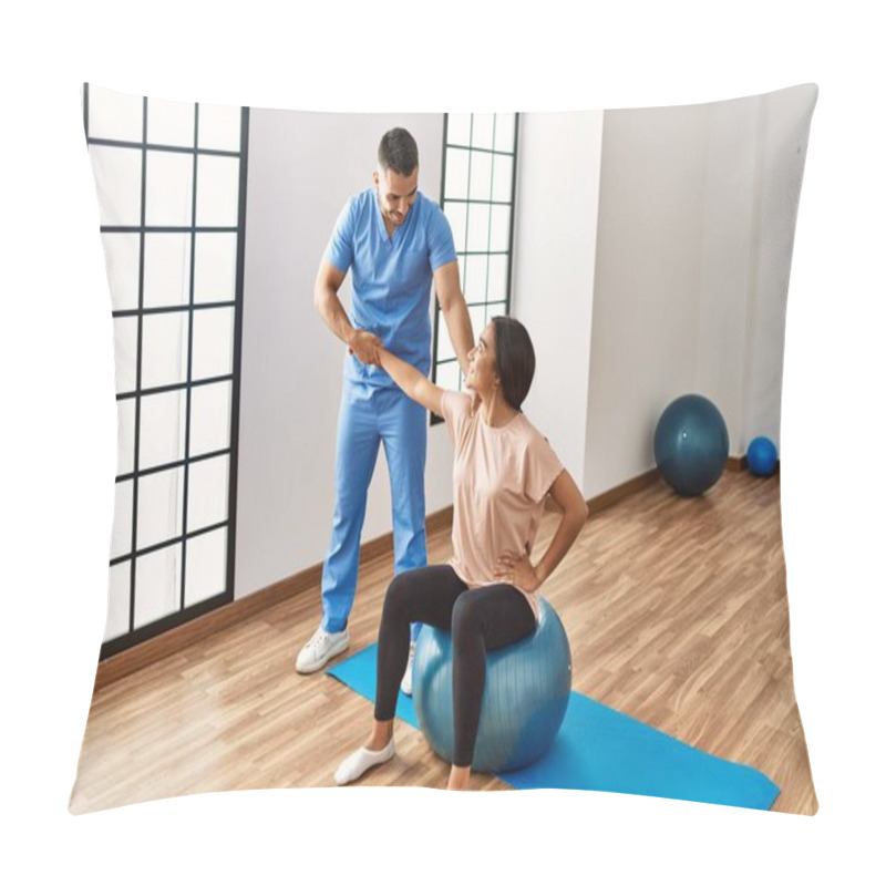 Personality  Latin Man And Woman Wearing Physiotherapist Uniform Having Rehab Session Using Fit Ball At Rehab Center Pillow Covers