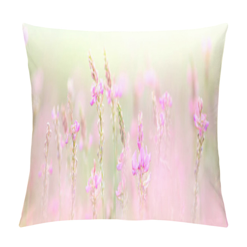 Personality  Natural Meadow Banner Background -  Gentle Wild Flowers In Macro Selective Focus And Pastel Colors Background, Banner With Empty Space Pillow Covers