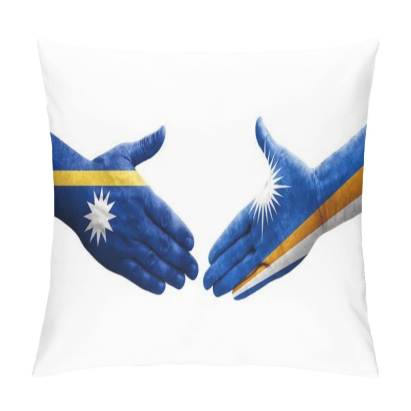 Personality  Handshake Between Marshall Islands And Nauru Flags Painted On Hands, Isolated Transparent Image. Pillow Covers