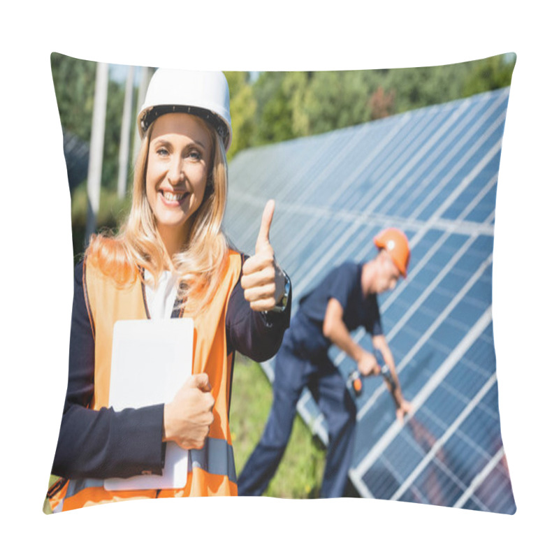 Personality  Attractive Businesswoman In Hardhat Showing Thumb Up And Holding Digital Tablet  Pillow Covers