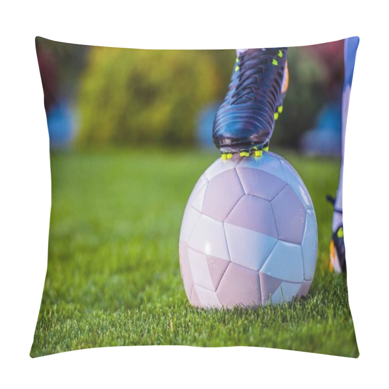 Personality  Soccer Football Player Keeping Cleat On The Ball. Closeup Photo. European Football Theme. Pillow Covers