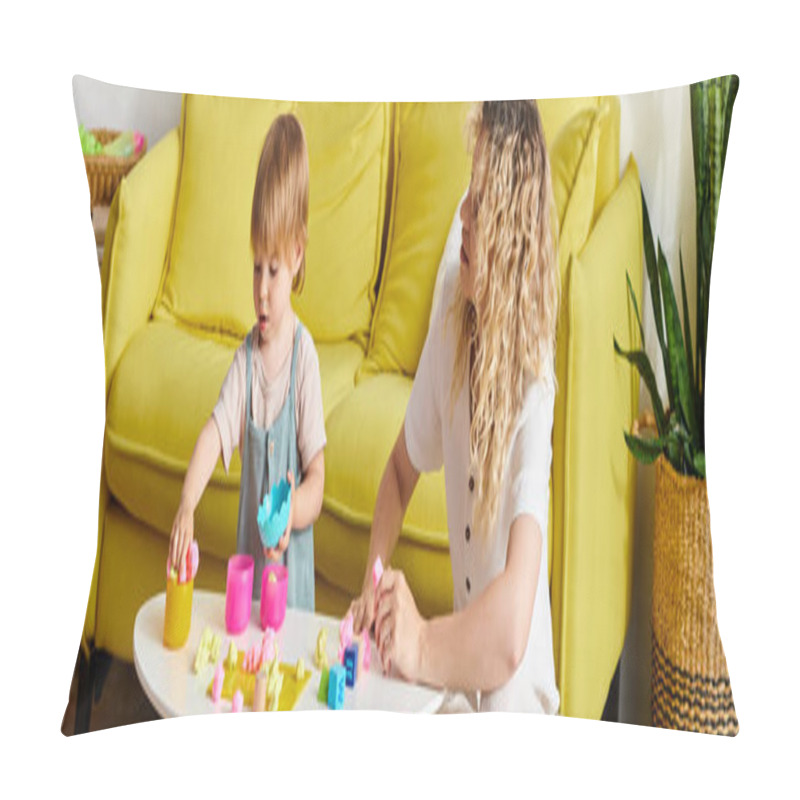 Personality  Curly Mother And Her Toddler Daughter Engaging In Montessori Education By Playing With Blocks On A Table. Pillow Covers