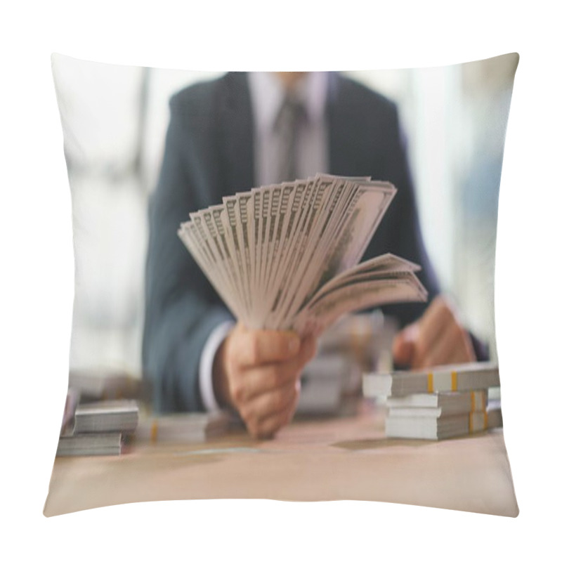 Personality  Businessman Banker Holding Fan Of Dollar Bills In Hand Closeup. High Earnings In Business Concept Pillow Covers