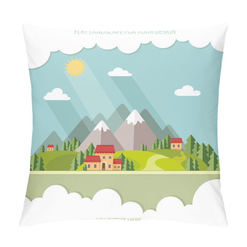 Personality  Landscape. Houses In The Mountains Among The Trees. Flat Style, Pillow Covers