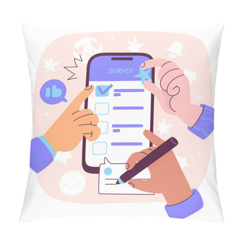 Personality  Multiple Hands Engaging With A Mobile Survey Application Featuring Checkboxes And Star Ratings Pillow Covers