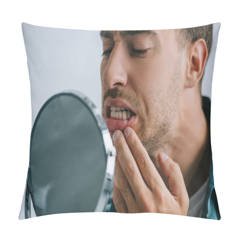 Personality  Close-up View Of Young Man With Tooth Pain Looking At Mirror  Pillow Covers