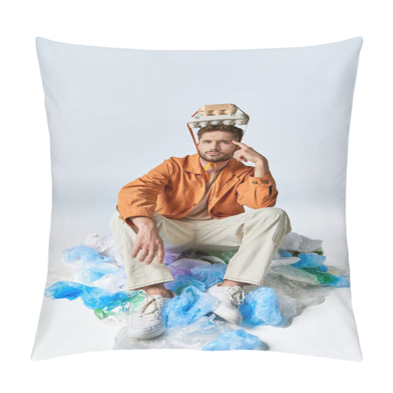 Personality  A Man Sits Among Plastic Bags And Containers With An Egg Carton On His Head. Pillow Covers