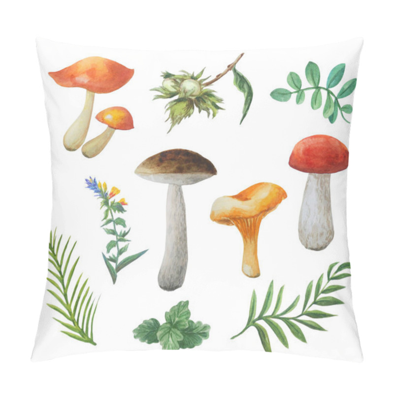 Personality  Watercolor Autumn Set Of Edible Noble Mushrooms Isolated On A White Background. Chanterelle, Boletuses, Oilers.  Pillow Covers