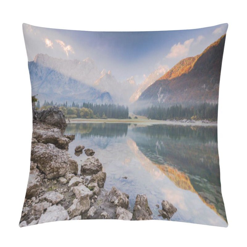 Personality  Cold And Foggy Sunrise Over Fusine Lakes In Italy. Pillow Covers