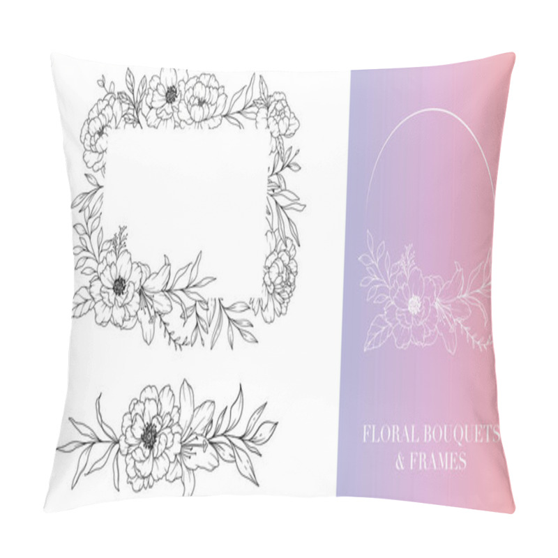 Personality  Peony Line Drawing. Floral Frames And Bouquets. Floral Line Art. Fine Line Peony Frames Hand Drawn Illustration. Hand Drawn Outline Magnolias. Botanical Coloring Page. Peony Isolated Pillow Covers