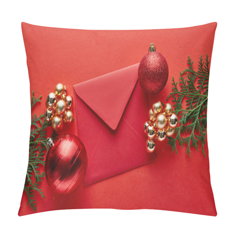 Personality  Top View Of Shiny Christmas Decoration, Envelope And Thuja Pillow Covers