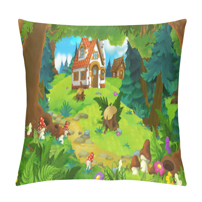 Personality  Cartoon Scene With Beautiful Rural Brick House In The Forest On The Meadow - Illustration For Children Pillow Covers