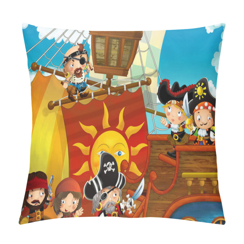 Personality  Cartoon Scene With Pirate Ship Sailing Through The Sea - Pirates On The Deck - Illustration For Children Pillow Covers