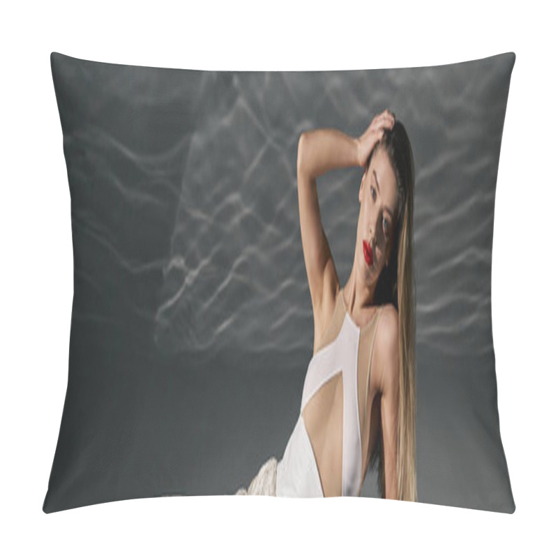 Personality  A Young Woman Wearing A White Dress Poses Against A Grey Backdrop, Showcasing Trendy Fashion. Pillow Covers