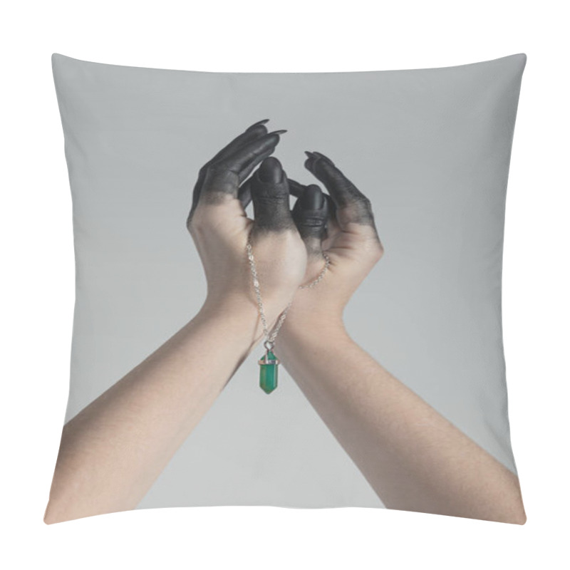 Personality  Cropped View Of Witch With Black Paint On Hands Holding Green Crystal On Chain Isolated On Grey  Pillow Covers