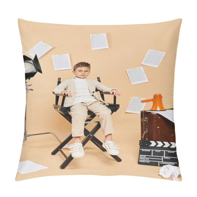 Personality  Young Boy Dressed As A Film Director Sitting In A Chair, Ready For Action. Pillow Covers