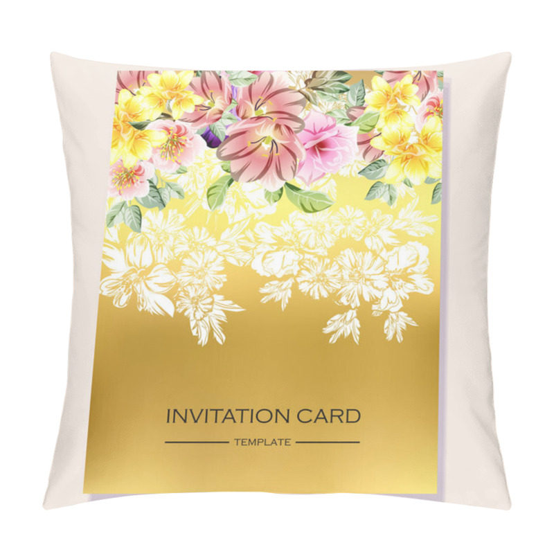 Personality  Invitation Card Template With Beautiful Lush Pastel Flowers On Golden Background Pillow Covers