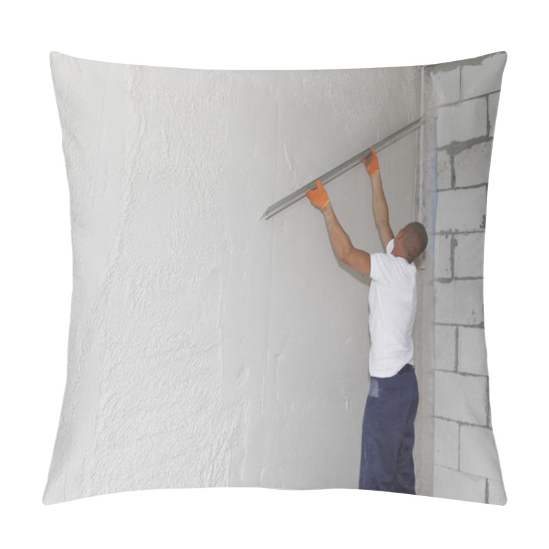 Personality  Worker Plastering House Walls,  Finishing Walls.  Wall Screeding. Plastering Walls Techniques. Pillow Covers