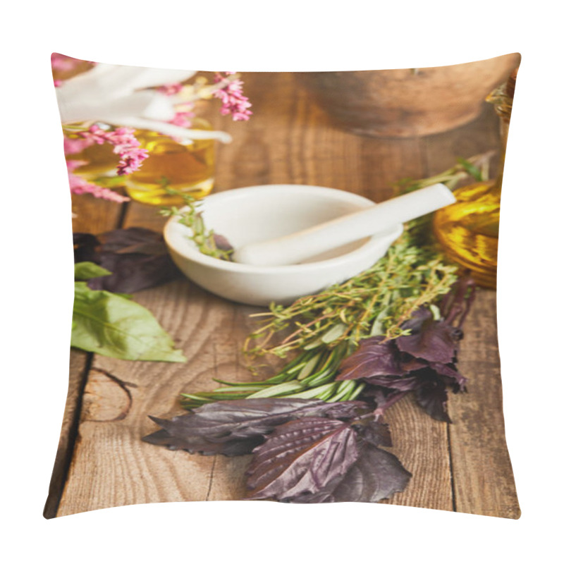 Personality  Mortar With Pestle Near Bottles And Fresh Leaves And Flowers On Wooden Surface Pillow Covers