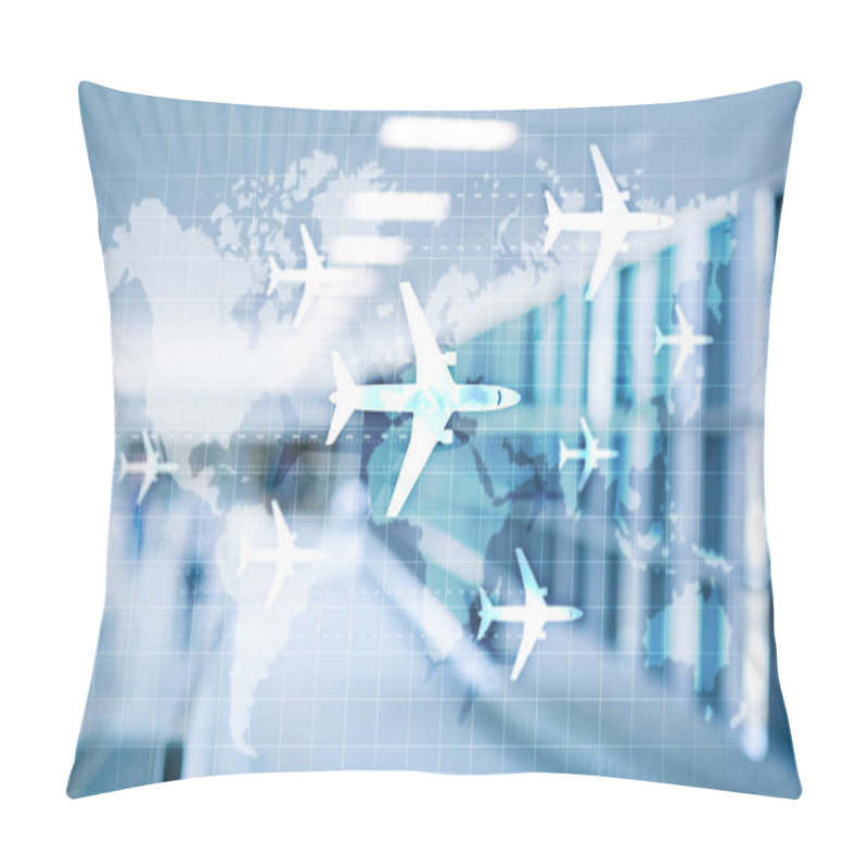 Personality  World Map With Flight Routes Airplanes. Global Aviation Business Tourism. Double Exposure Background Pillow Covers