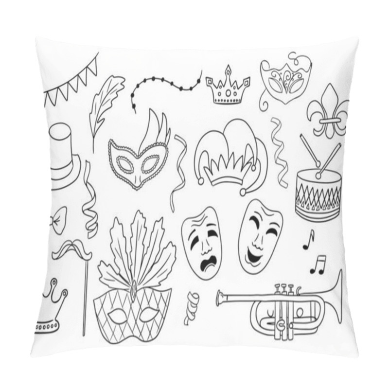 Personality  Line Art Illustrations Of Mardi Gras Elements Including Masks, Crowns, Musical Instruments, Ribbons, And Festive Decorations In Minimalist Style. Vector Outline Minimalistic Drawings Isolated Pillow Covers