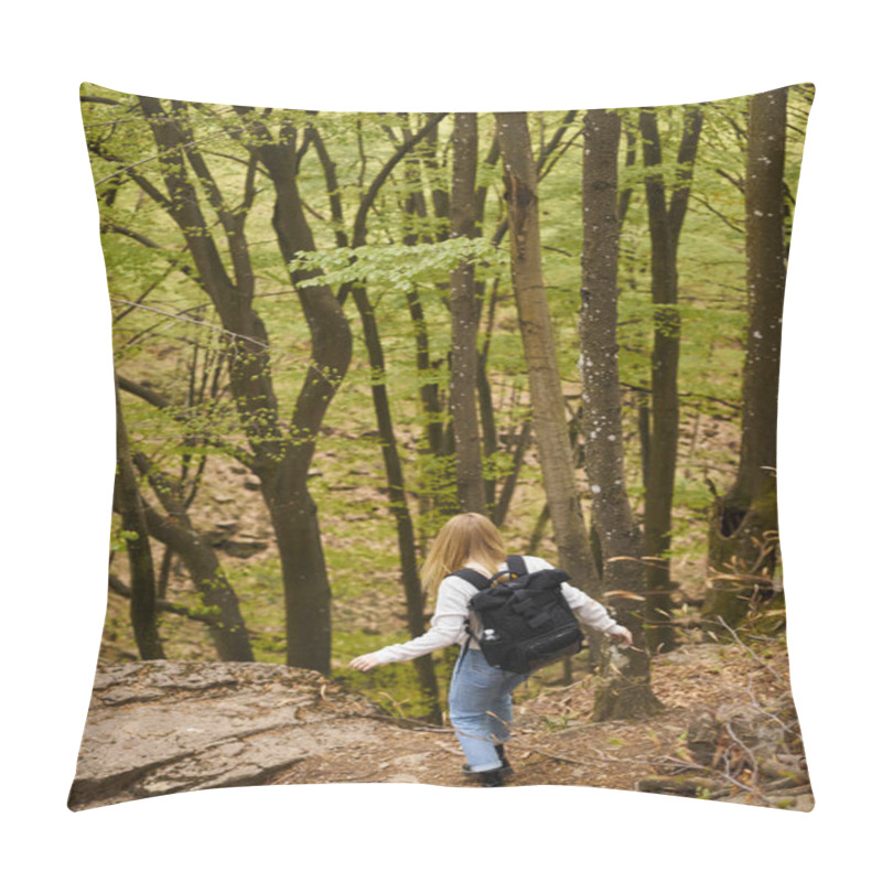 Personality  Back View Of Woman Hiker With Backpack Walking Through A Forest For Adventure Backpacking In Nature Pillow Covers