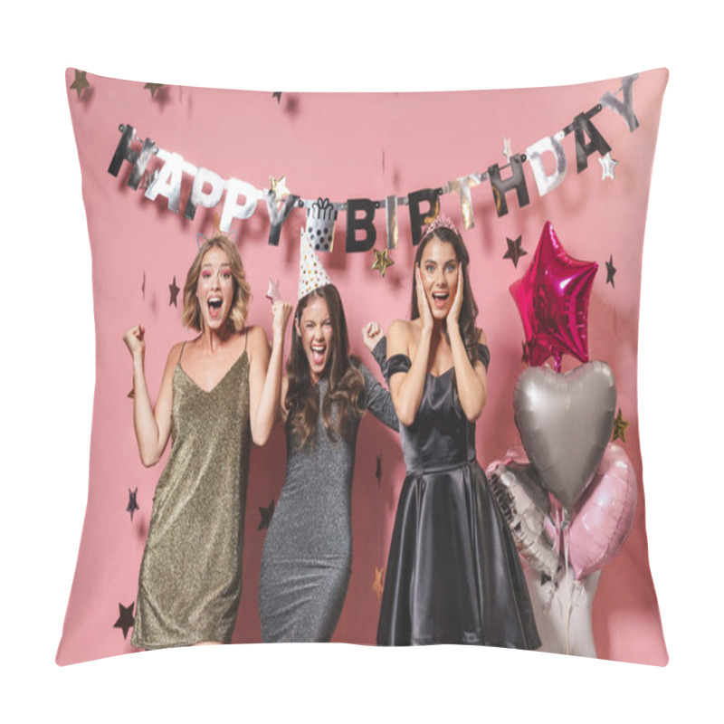 Personality  Image Of Three Astonished Party Girls Smiling And Celebrating Bi Pillow Covers