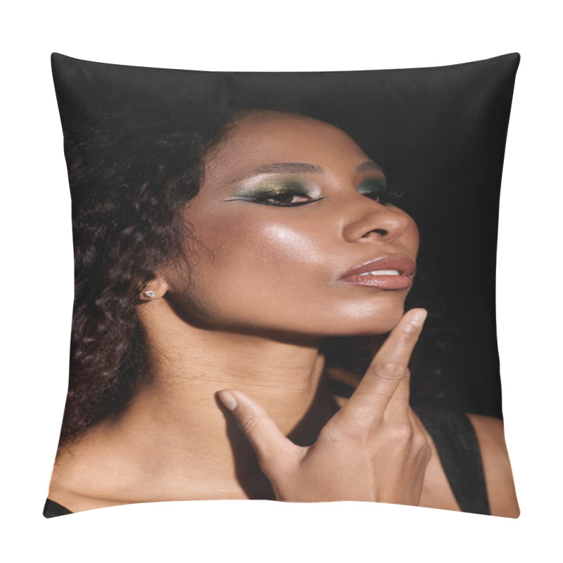 Personality  A Confident Woman Highlights Her Beauty With Stunning Makeup In A Dark, Dramatic Environment. Pillow Covers