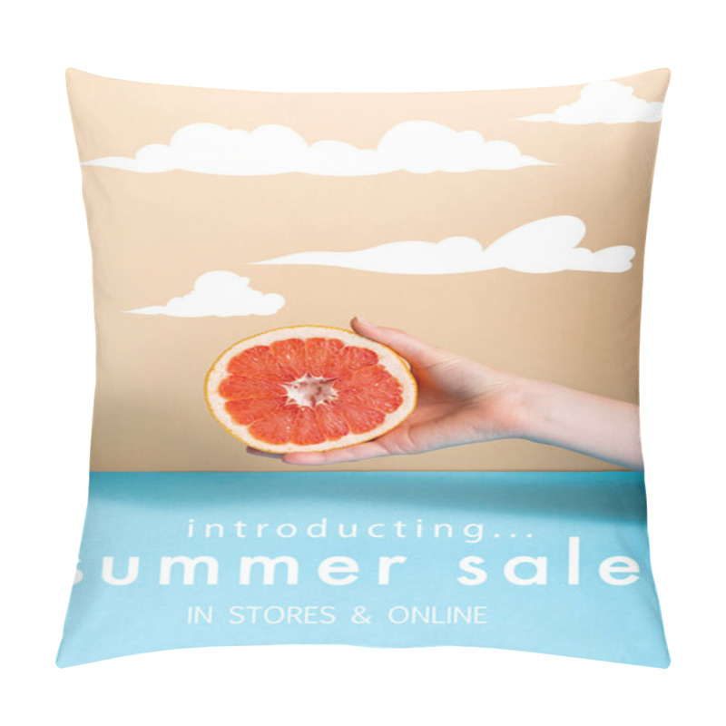 Personality  Cropped View Of Woman Holding Juicy Half Of Grapefruit Near Summer Sale, In Stores And Online Lettering On Beige And Blue  Pillow Covers