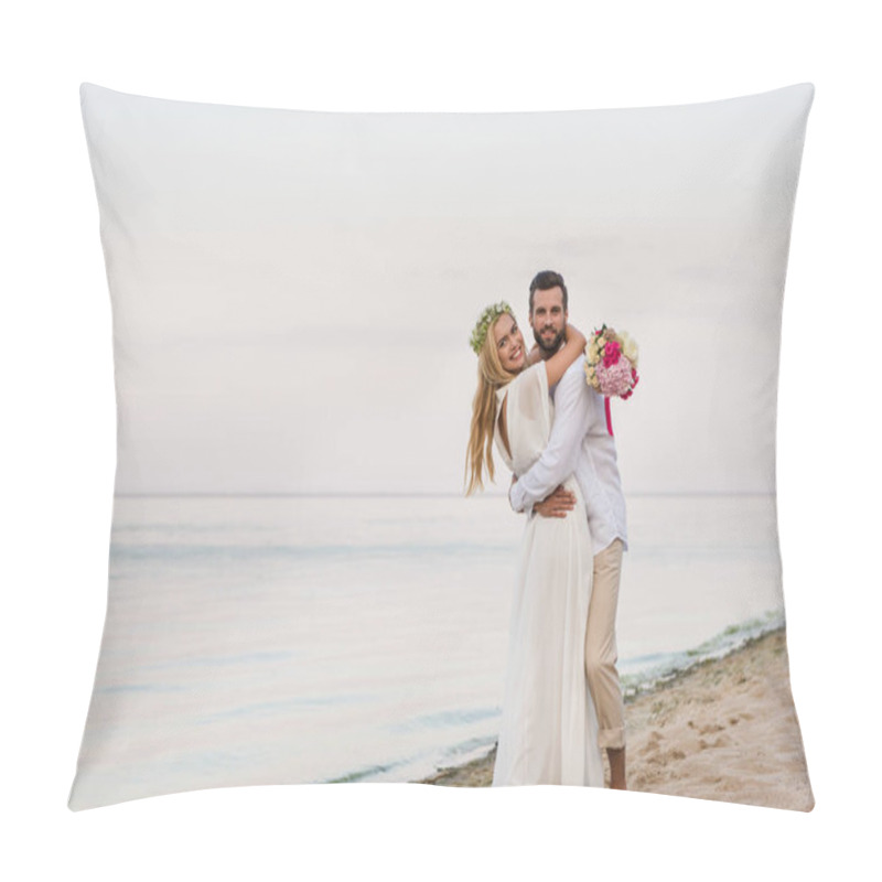 Personality  Happy Bride And Groom Hugging On Beach And Holding Wedding Bouquet  Pillow Covers