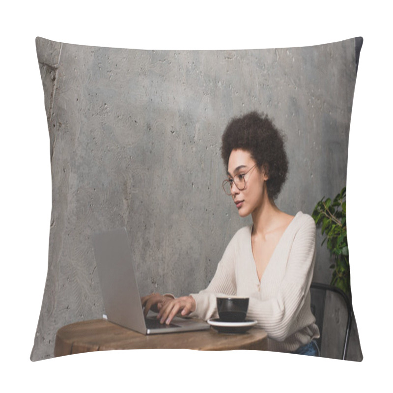 Personality  Young African American Freelancer Using Laptop Near Cup Of Coffee In Cafe  Pillow Covers