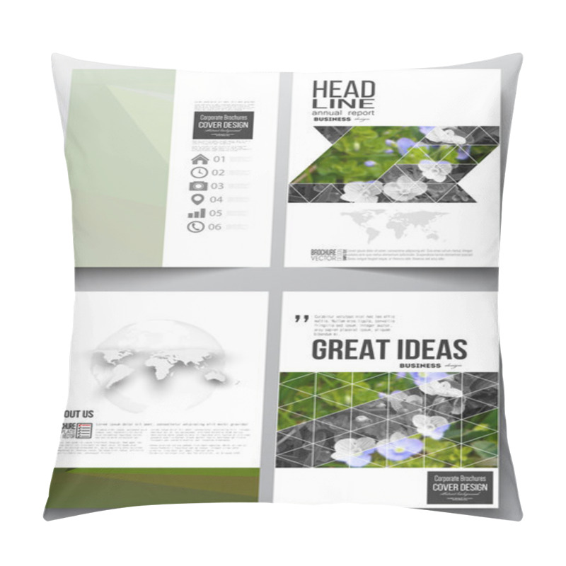 Personality  Set Of Business Templates For Brochure, Magazine, Flyer, Booklet Or Annual Report. Polygonal Floral Background, Blurred Image, Blue Flowers In Green Grass Closeup, Modern Triangular Texture Pillow Covers