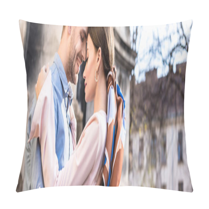 Personality  Panoramic Shot Of Happy Young Couple Embracing On Street In Sunlight Pillow Covers