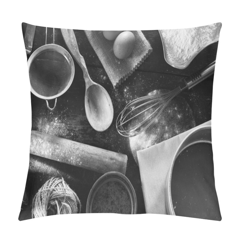 Personality  A Set Of Old Kitchen Items Close-up View From Above. Kitchen Table In A Rustic Style. Products For Baking Flour, Eggs, Salt. Black And White Photo Pillow Covers