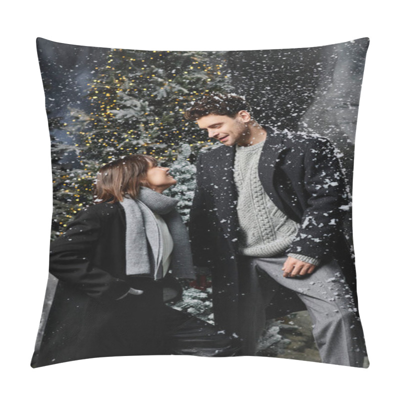 Personality  A Beautiful Couple Shares A Warm Moment Surrounded By Snow And Pine Trees, Wishing Everyone Joy And Cheer. Pillow Covers