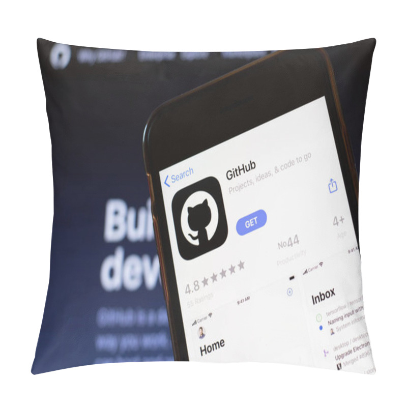 Personality  Los Angeles, California, USA - 24 March 2020: GitHub App Logo On Phone Screen Close Up With Website On Background With Icon, Illustrative Editorial. Pillow Covers