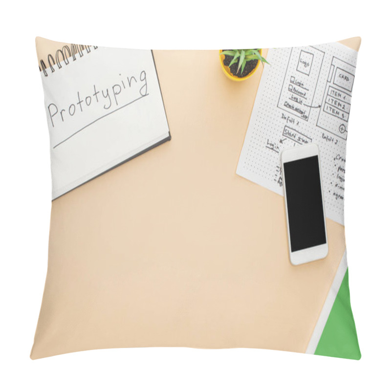 Personality  Top View Of Gadgets Near Website Design Template, Notebook With Prototyping Lettering And Green Plant On Beige Background Pillow Covers