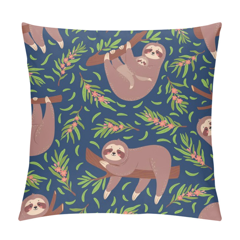 Personality  Cute Sloths On Branch Seamless Pattern For Nursery Wallpaper. Baby Sloth Animal With Mother. Funny Lazy Animals Textile Print Vector Texture Pillow Covers