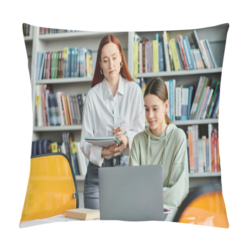 Personality  Redhead Tutor Teaches Teenage Girl, Both Focused On A Laptop In A Library. Modern Education And After-school Lessons. Pillow Covers